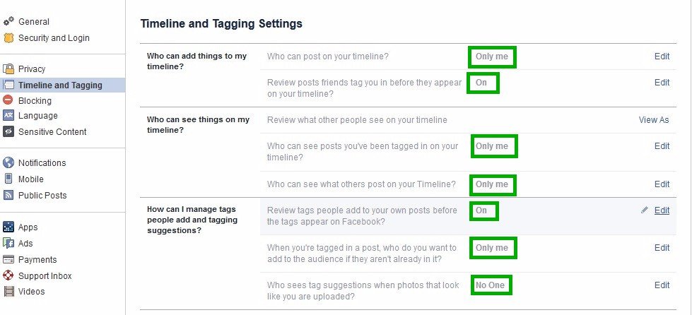 Timeline And Tagging Settings make facebook profile private