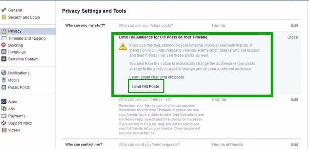 Facebook privacy settings Limit Past Post make facebook profile private