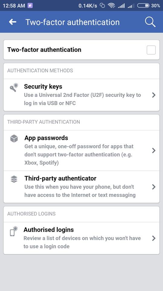 Select any Of The Verification method facebook two-step verification