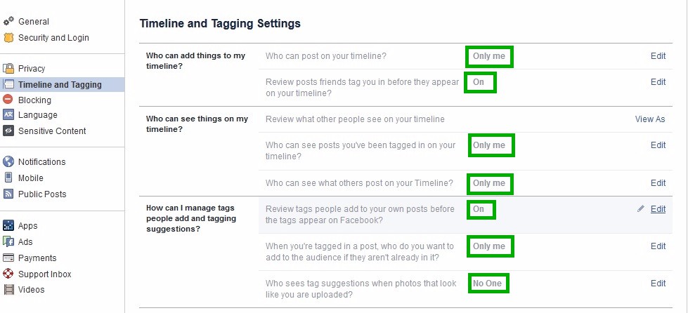 Timeline And Tagging Settings make facebook profile private