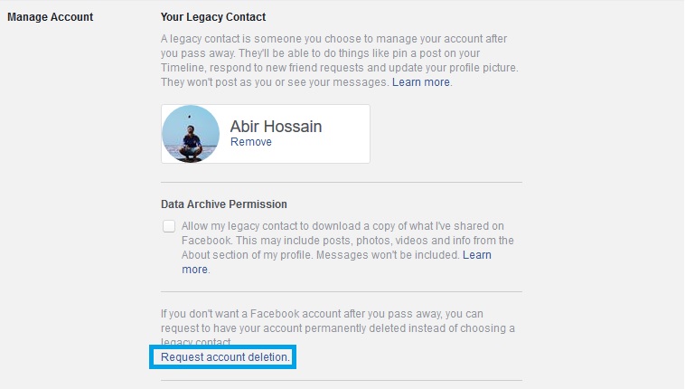 Request Account Deletion facebook legacy contact
