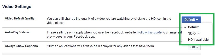 Video default quality faceboo video settings