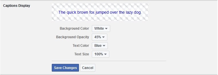 captions display for facebook video settings