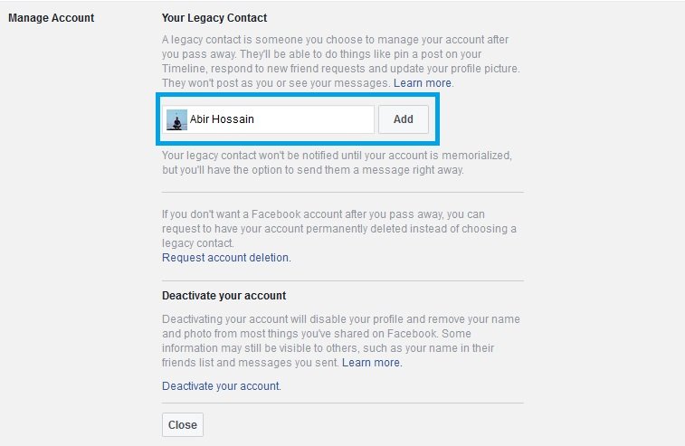 facebook legacy contact add
