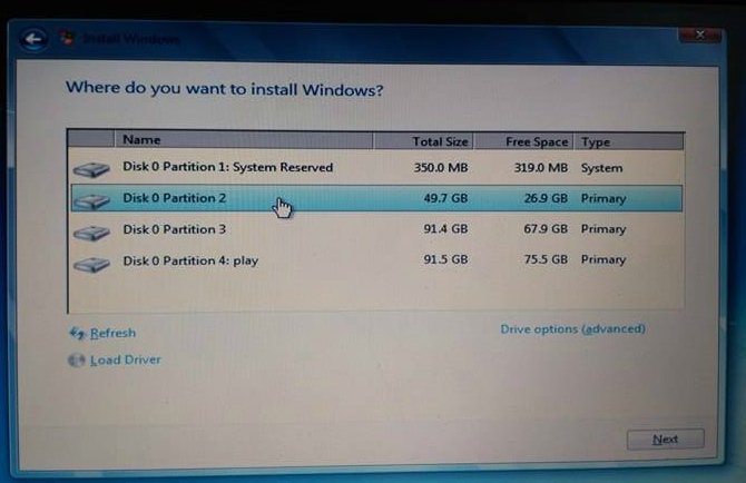 partition install windows 7 from usb