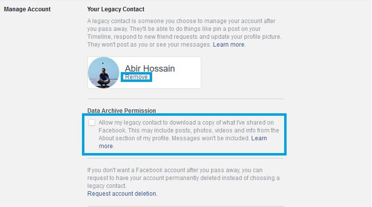 Data archive permission facebook legacy contact